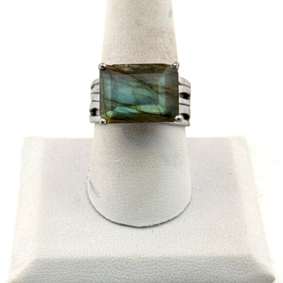 Estate Sterling Silver 925 Ring Sz 9 Rectangle Labradorite Statement 10g - Picture 1 of 8